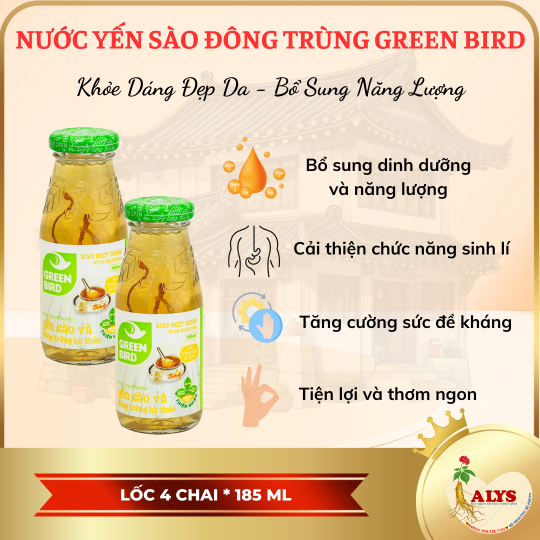 Lốc Green bird - Nước Uống Bổ Dưỡng Yến Sào và Đông Trùng Hạ Thảo 185ml - (6 chai*185ml)